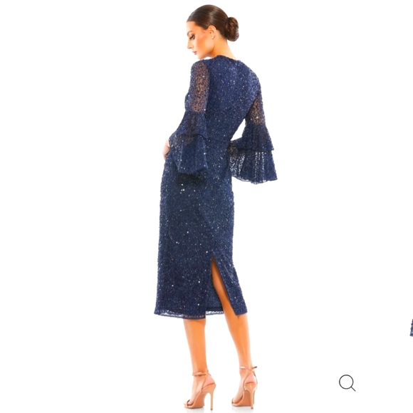 NWT Mac Duggal Fully Sequined Ruffle Tiered Bell Sleeve Midi Dress Navy 14 10802 - Picture 2 of 8